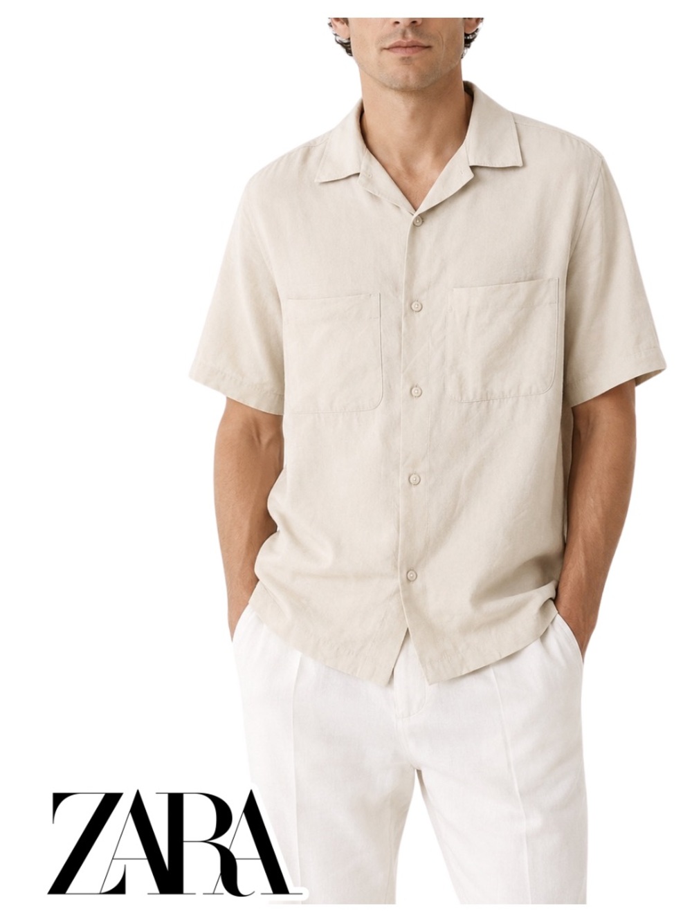 Zara | Zara Men Camp Collar Button Up Shirt in Beige - Size M